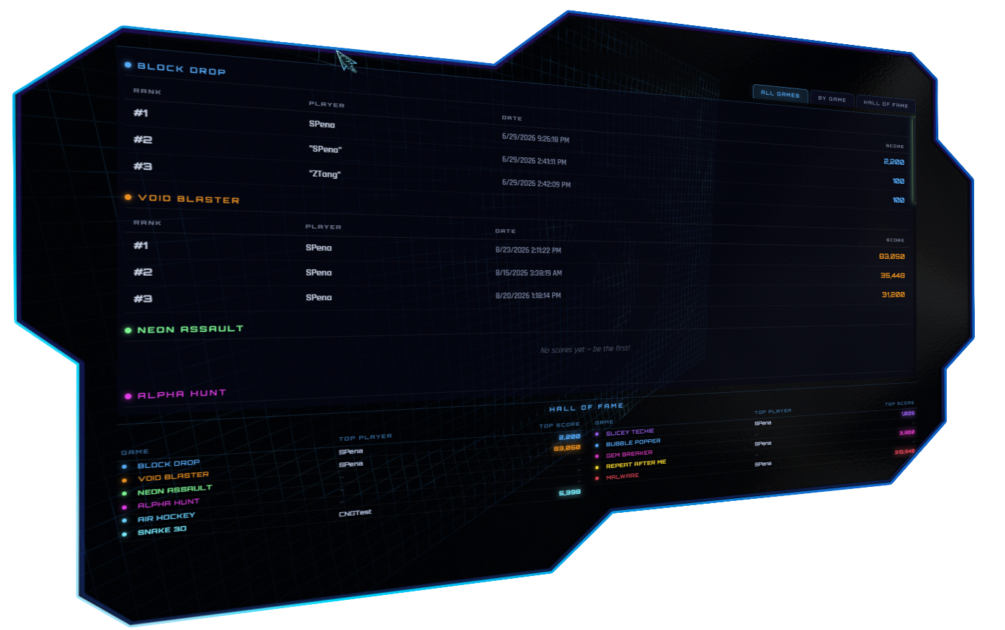 CW-Arcade in-app leaderboard showing top scores for Block Drop, Void Blaster, Neon Assault, and Alpha Hunt, plus a cross-game Hall of Fame