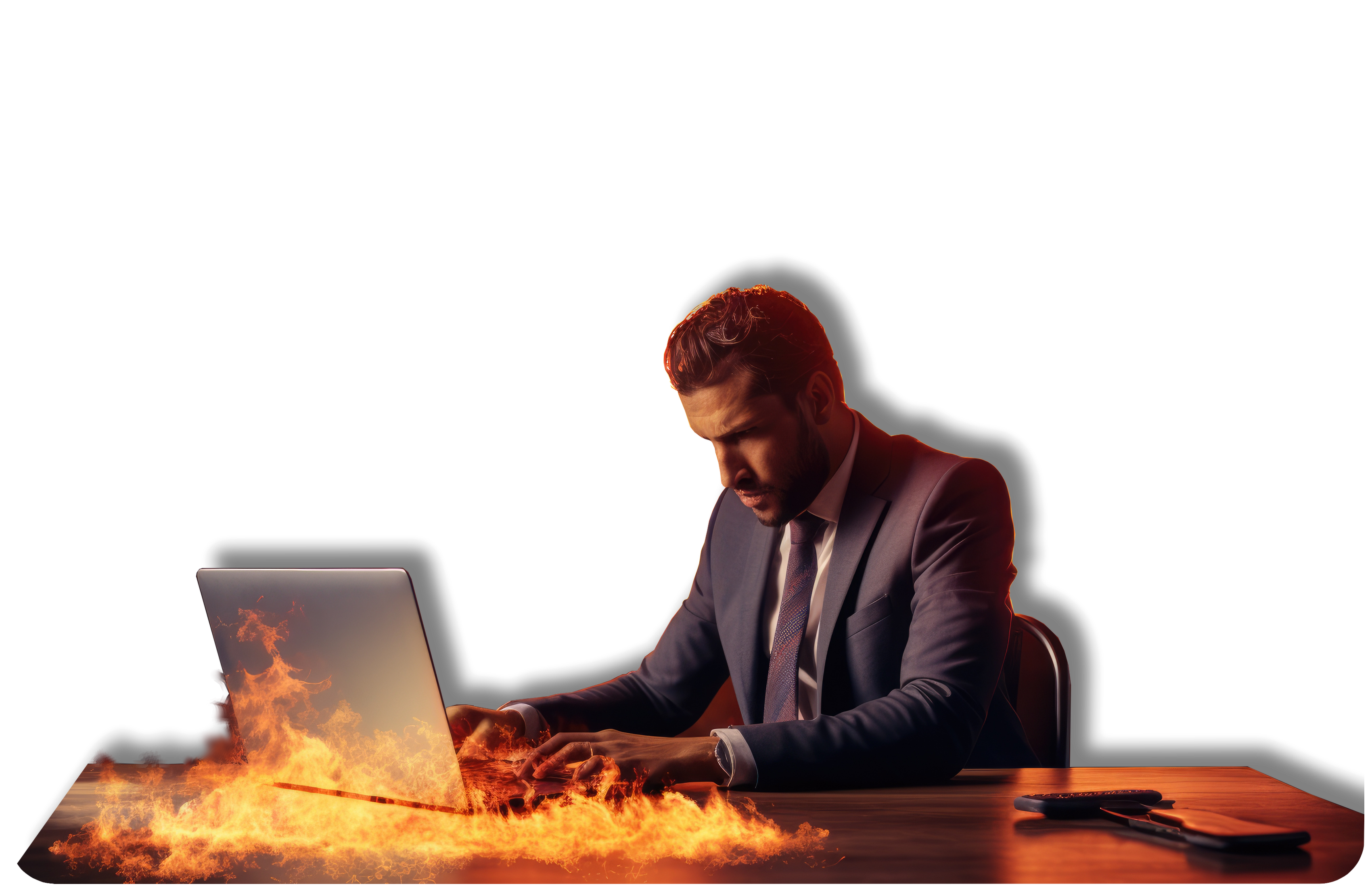 A technician working at a laptop, engulfed in flame — a visual metaphor for burnout under constant help-desk ticket pressure.